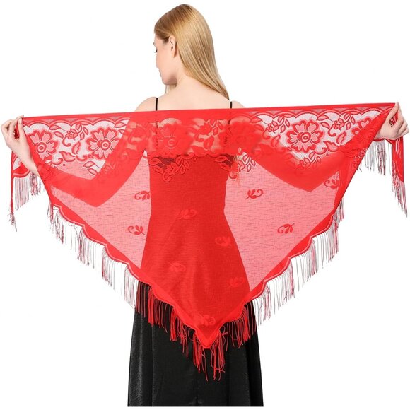 Women Red Triangle Lace Shawl Wrap Floral Lightweight Fringe Scarf Evening Dress - Picture 1 of 5